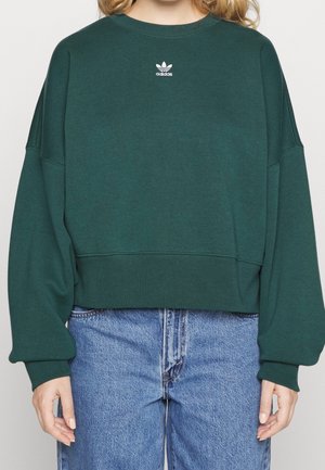 Personne portant un sweat-shirt Adidas vert foncé avec logo sur la poitrine et un jean bleu taille haute, debout devant un fond uni.