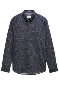Chemise en coton à manches longues de couleur marine, ornée de petites speckles multicolores, avec fermeture à boutons et une poche poitrine avec un accent rayé contrasté.