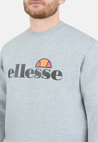 Sudadera gris de manga larga con cuello redondo, con un logo negro de "ellesse" y un diseño semicírculo colorido en la parte superior. Fabricada con una suave tela texturizada.