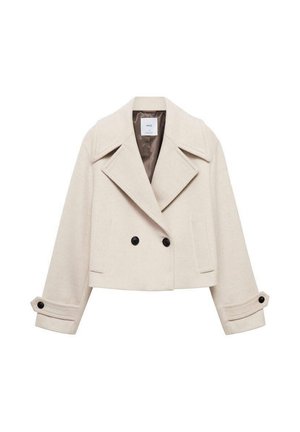 Beige cropped jakke lavet af uldblanding, har en dobbeltbrystet design, store revers og sorte knapper med foldede manchetter.