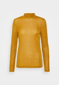 Langärmliges Turtleneck-Shirt in schimmerndem Senfgelb, mit taillierter Passform und glattem, leichtem Material.