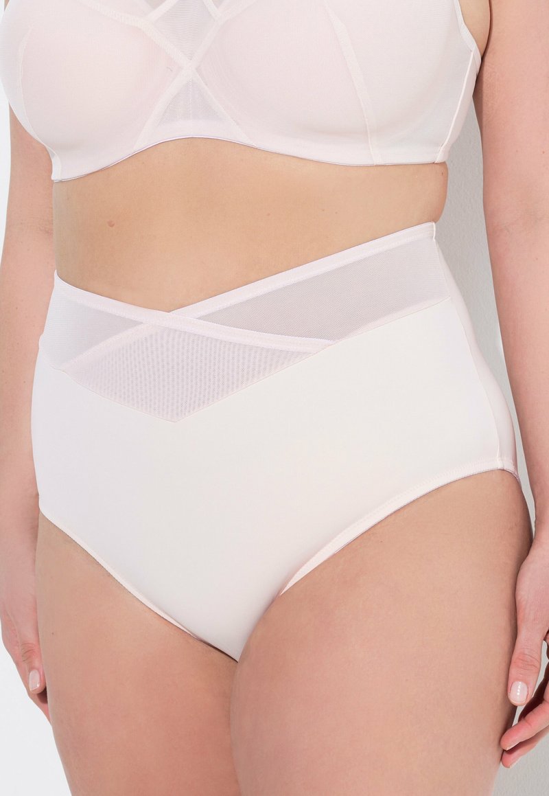 Bikini bottom a vita alta in morbido tessuto rosa pallido. Presenta dettagli in rete trasparente con un motivo diagonale e una finitura liscia.