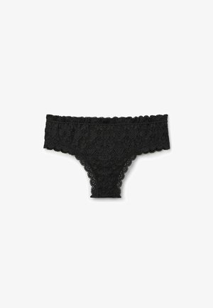 Black lace panties featuring a floral pattern, scalloped edges, and a soft texture. The design includes intricate detailing throughout.