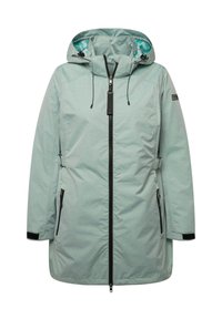 Parka impermeabile verde chiaro con cappuccio, chiusura a zip, tasche laterali e dettagli neri. Tessuto liscio, design di lunghezza media, vestibilità regolabile.