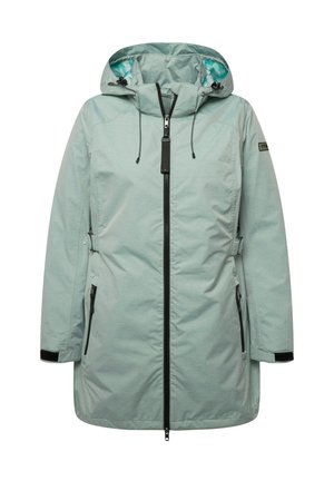 Parka impermeabile verde chiaro con cappuccio, chiusura a zip, tasche laterali e dettagli neri. Tessuto liscio, design di lunghezza media, vestibilità regolabile.