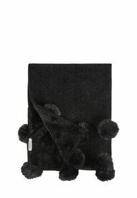 Piumino nero con una texture morbida, caratterizzato da pompon soffici lungo i bordi e un lato inferiore liscio. Misura circa 150x130 cm.