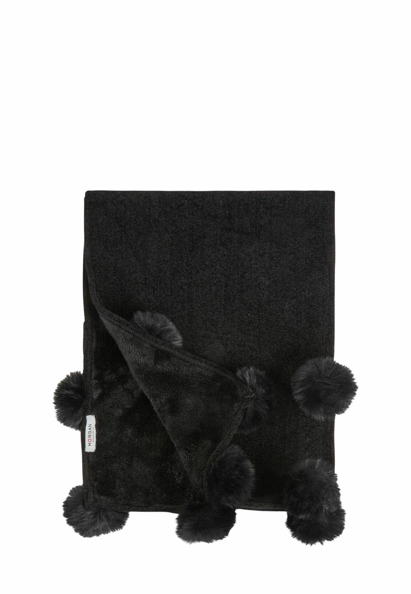 Piumino nero con una texture morbida, caratterizzato da pompon soffici lungo i bordi e un lato inferiore liscio. Misura circa 150x130 cm.