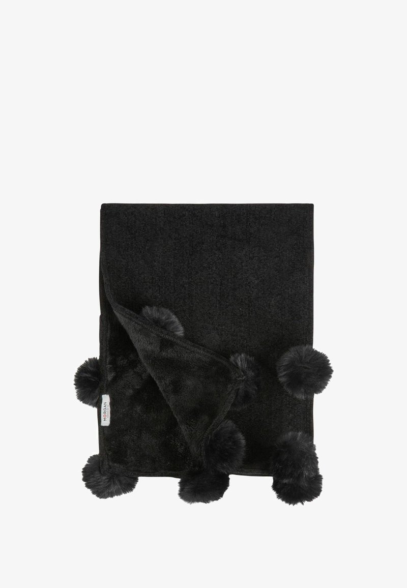 Piumino nero con una texture morbida, caratterizzato da pompon soffici lungo i bordi e un lato inferiore liscio. Misura circa 150x130 cm.