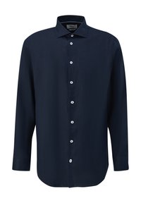 Camicia a maniche lunghe blu navy realizzata in tessuto testurizzato, con apertura frontale a bottoni bianchi e colletto classico.