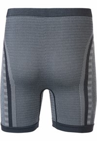 Svarta och grå strukturerade träningsshorts med randigt mönster, elastisk midja och design som går till mitten av låret.
