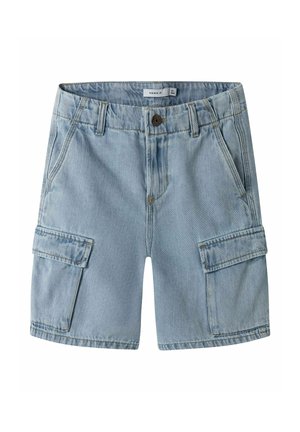 Jasnoniebieskie dżinsowe szorty cargo z zapięciem na guziki, szlufkami na pasek, dwoma bocznymi kieszeniami oraz dwoma klapowymi kieszeniami na każdym udzie.