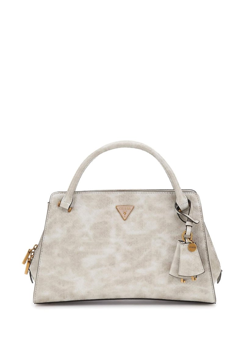 Gray synthetic handbag with a structured shape, silver hardware, and a detachable charm. Features a triangular logo in gold.