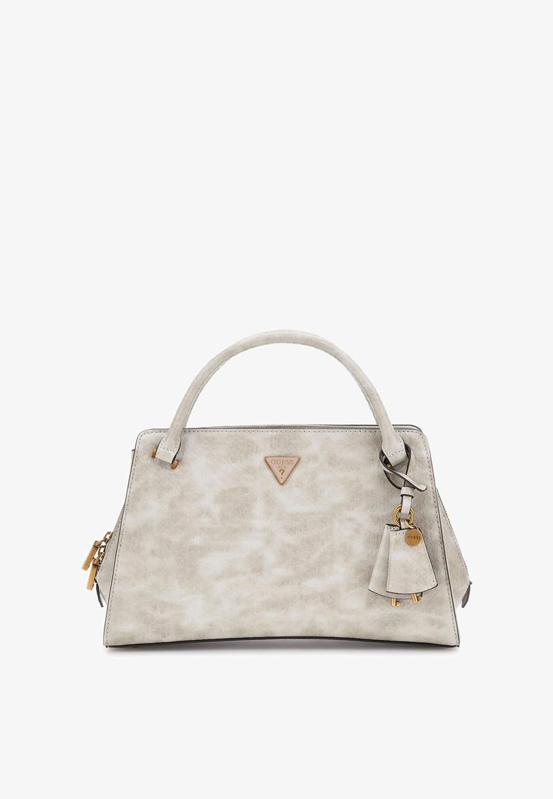 Gray synthetic handbag with a structured shape, silver hardware, and a detachable charm. Features a triangular logo in gold.