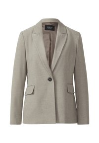 Lichtgrijze blazer van textuurstof. Beschikt over een enkele knoop, twee voorklauwen en een gesneden kraag, met een gladde binnenvoering.