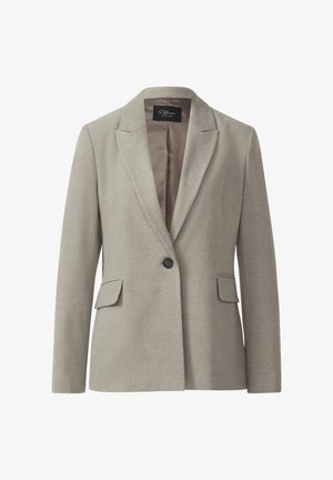 Hellgrauer Blazer aus strukturiertem Stoff. Verfügt über einen einzelnen Knopf, zwei Fronttaschen und einen eingeklappten Kragen, mit einem glatten Innenfutter.