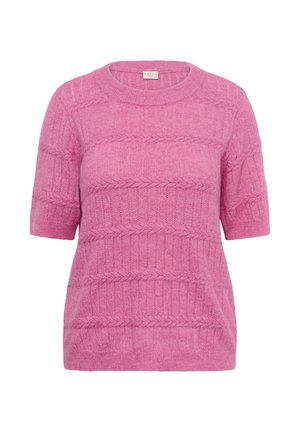 Pull rose à manches courtes en matière douce, présentant un motif en maille torsadée texturée avec des rayures horizontales. Encolure ronde et coupe décontractée.