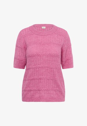 Roze sweater met korte mouwen gemaakt van zacht materiaal, met een gestructureerd kabelgebreid patroon met horizontale strepen. Ronde halslijn en een losse pasvorm.