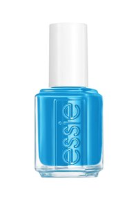 Vernis à ongles bleu vif dans un flacon en verre transparent avec un capuchon blanc, présentant une forme arrondie et une étiquette portant le nom de la marque "essie."