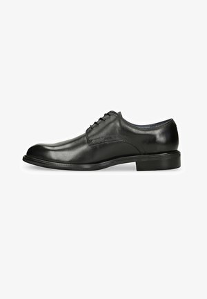Chaussure habillée en cuir noir avec une finition lisse, bout rond, fermeture à lacets à six œillets et un petit talon empilé.