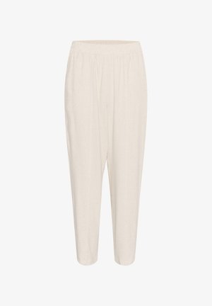 Pantalon beige ample avec taille élastique et jambes fuselées en tissu léger.