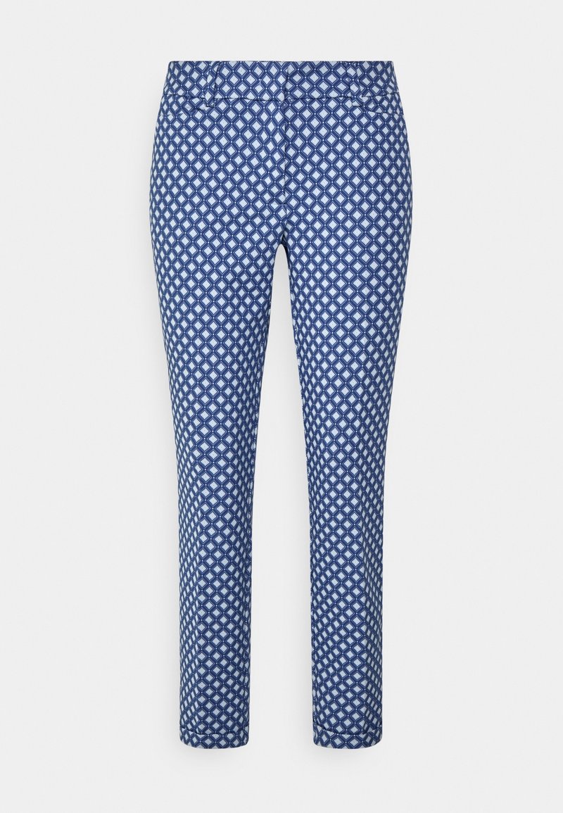 Pantalon bleu marine à motif losange blanc, coupe slim, en matériau léger, avec une ceinture et sans poches.