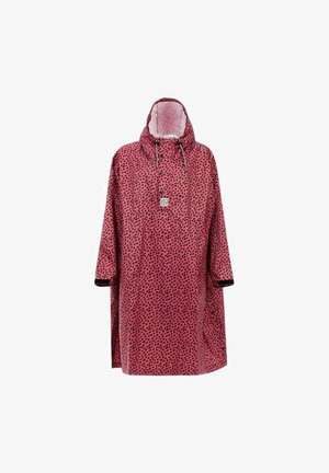 Poncho à capuche noir et rouge à pois, avec une poche avant et un cordon de serrage. Tissu doux avec des manches courtes et des accents noirs aux poignets.