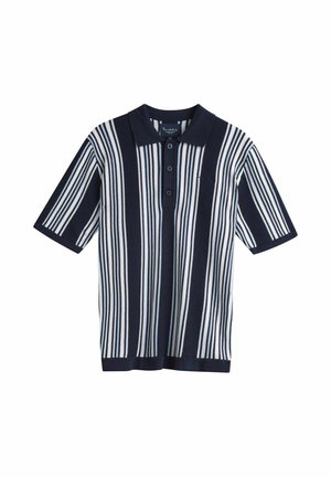 Tummansininen ja valkoinen pystysuora raidallinen lyhythihainen neulottu poolopaita, jossa on kolme nappia ja kaulus.