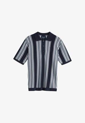 Marineblauw en wit, verticale gestreepte tricot polo met korte mouwen, drie knopen en een kraag.