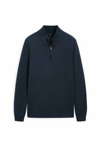 Pull-over bleu marine en tissu tricoté, avec un col montant côtelé et une patte à demi-fermeture éclair. Manches longues avec poignets côtelés.