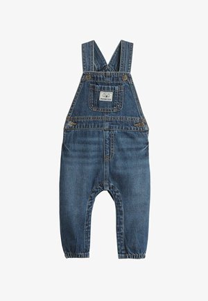 Denim overalls with adjustable straps, front pocket, and elasticized cuffs. Features a blue wash and button accents.