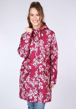 Floral-patterned, burgundy rain jacket with a hood, featuring snap buttons, two front pockets, and a lightweight, textured fabric.
