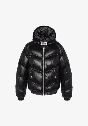 Czarna kurtka puchowa z pikowanym wzorem, błyszczącym wykończeniem, zapinana na zamek z przodu i z kapturem. Żebrowane mankiety i dół zapewniają dopasowane wykończenie.