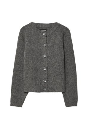 Cardigan grigio lavorato a maglia con scollatura rotonda, sette bottoni scuri sul davanti e polsini e orlo a coste. Texture morbida e design leggero.