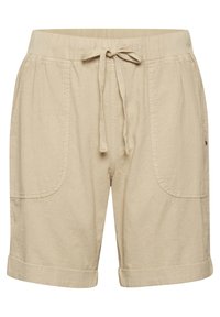 Shorts beiges avec une taille élastique et un cordon de serrage, dotés de deux grandes poches avant et de revers roulés. Fabriqués à partir d'un tissu léger.
