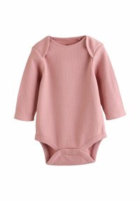 Body pentru bebeluși cu mâneci lungi, confecționat dintr-un material moale, ribbed, de culoare roz. Are un guler rotund și închideri cu capse la baza pentru o îmbrăcare ușoară.
