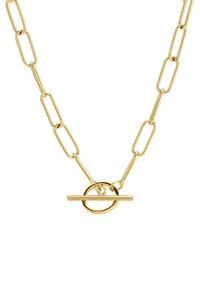 Guldtonet linkhalskæde med forlængede papirclips-lignende led og en cirkulær lås i midten. Slankt, moderne design.