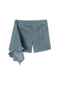 Blaue Cordshorts mit drei braunen Knöpfen vorne und einem gerafften Stoffpanel, das an der linken Seite angenäht ist.