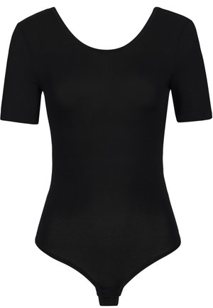Bodysuit noir à manches courtes, col rond et coupe ajustée. Fabriqué en tissu lisse et extensible, il présente un design de bas en thong.