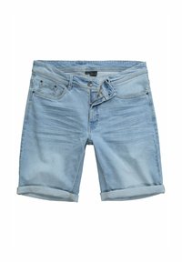 Lyseblå denimshorts med opsmøgte kanter, fem lommer og diskret falming. Fremstillet af blødt, tekstureret bomuldsstof.