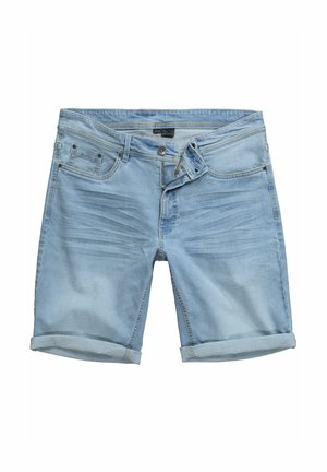 Hellblaue Denim-Shorts mit umgeschlagenem Saum, fünf Taschen und subtilen Verwaschungen. Hergestellt aus weichem, texturiertem Baumwollstoff.