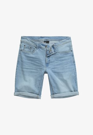 Hellblaue Denim-Shorts mit umgeschlagenem Saum, fünf Taschen und subtilen Verwaschungen. Hergestellt aus weichem, texturiertem Baumwollstoff.