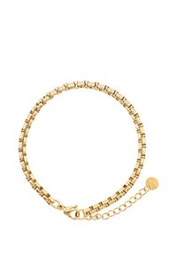 Bracciale in oro con anelli piatti interconnessi, dotato di chiusura a gancio e di una catena estesa con un piccolo ciondolo rotondo.