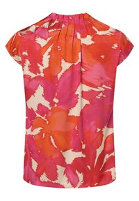 Blouse à manches courtes avec un motif floral abstrait vibrant rose et orange sur fond crème. Tissu lisse avec un détail plissé au dos.