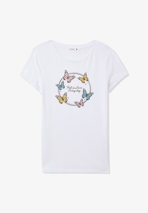 T-shirt in cotone bianco con una grafica rotonda di farfalle colorate e il testo "Innamorati ogni giorno". Maniche corte.