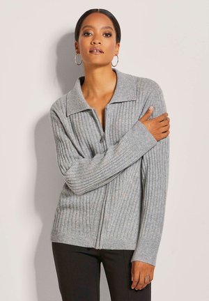 Light gray ribbed knit sweater with a zip front and pointed collar. Features long sleeves and a relaxed fit. Textured fabric detail visible.