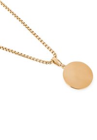 Goldfarbene Anhängerkette mit einem runden, glatten Charm, der ein minimalistisches Design und eine verbundene Kette aufweist.