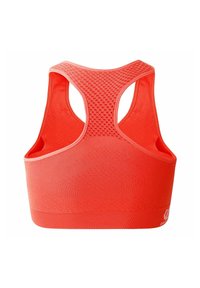 Roter sportlicher Sport-BH mit einem atmungsaktiven Mesh-Rücken, breiten Trägern und einem strukturierten Stoff. Mit einem Logo auf der unteren rechten Seite gekennzeichnet.