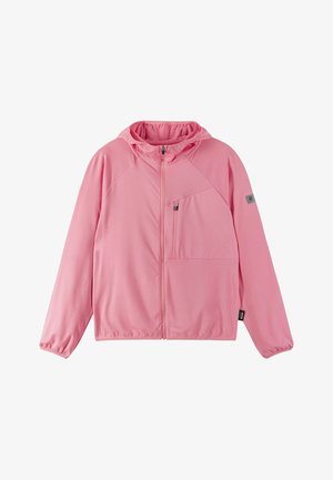Rosa Zip-Jacke mit Kapuze, ausgestattet mit einer Vordertasche, elastischen Bündchen und einem glatten, leichten Stoff. Dezente Markenkennzeichnung am Ärmel.