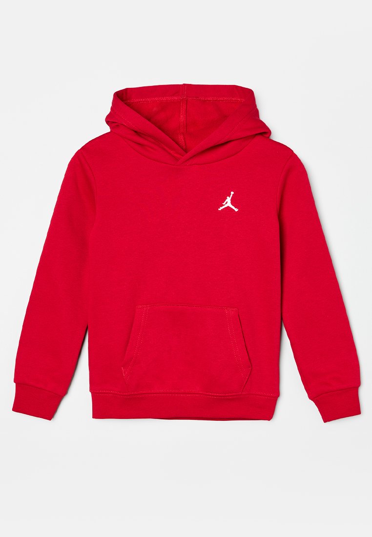 Rote Kapuzenjacke aus weichem Baumwollmix. Verfügt über eine Kängurutasche und ein weißes Logo auf der Brust. Gerippte Bündchen und Saum.