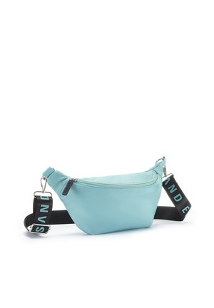 Light blue fanny pack made of smooth fabric with a zippered main compartment and a black adjustable strap featuring white text accents.
